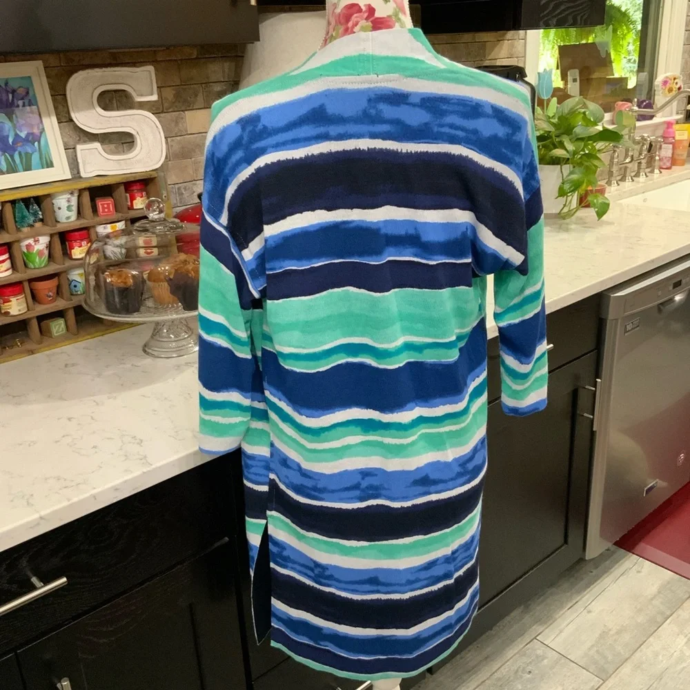 Chico's Striped Open-Front Cardigan in Blue, Teal, Navy